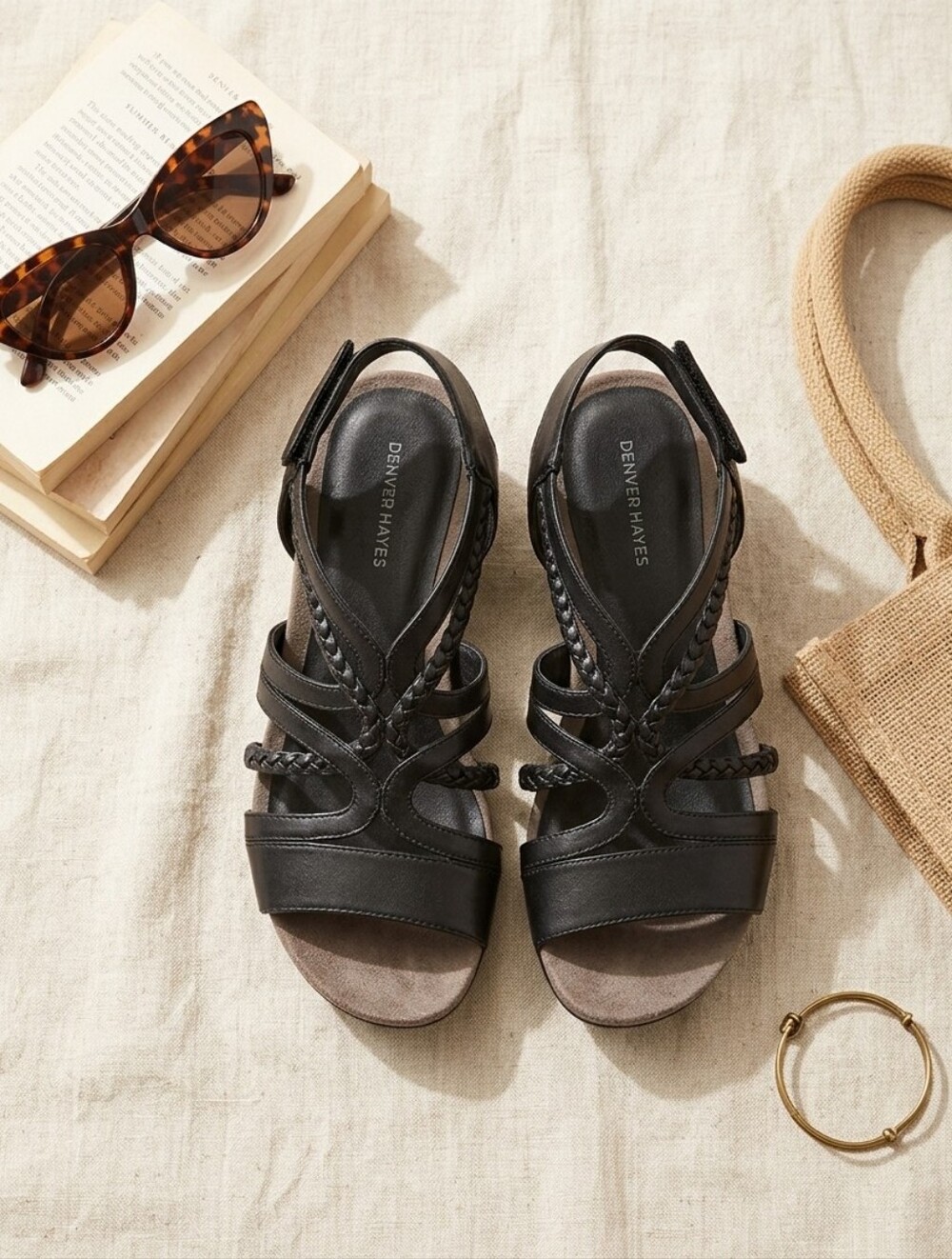 Denver Hayes Strappy Wedge Sandals Size 9  Black Braided Crossover Strappy Boho